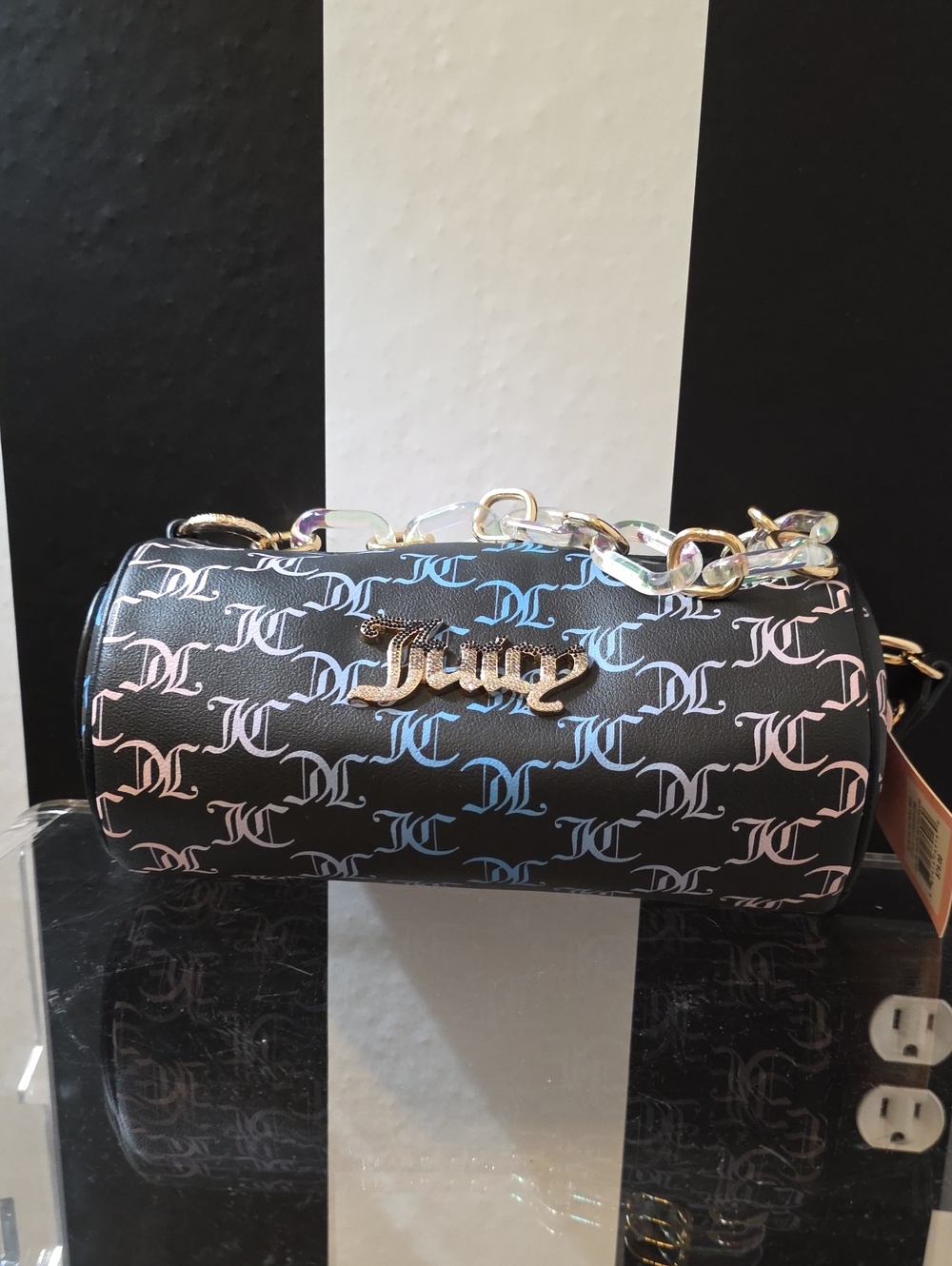 Juicy Couture Black Mini Cylinder Bag with Pink & Blue Logo Print